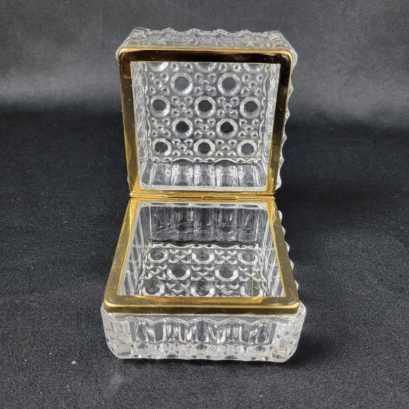 Antique Vintage 20th C. French Crystal Casket Jewelry Box Gilt Hinged Square